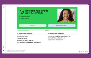 Registered clock-in receipt with employee photo, date, time and record details.