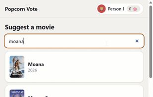 Search by title and add it to the shared list, with its poster, summary, runtime, ratings, and trailer included. 