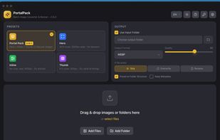 Main UI (Dark) – presets + output
“Choose a web preset (Portal Pack / Hero / Inline / Thumb), set output format & quality, and batch-convert folders in one clean workflow.”