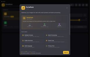 Welcome / How to use modal – quick start + highlights
“Quick start guide + key highlights: preserves folder structure, privacy-first local processing, multi-language support, and smart crop.”