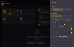 Settings panel – theme, language, quality, structure
“Customize everything: Dark/Light theme, multi-language UI, quality slider, preserve folder structure, metadata, and filename suffixes.”