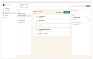 Template builder with a multi-step "Agency Client" workflow. Shows the step sidebar (Welcome page, Company Details, Primary Contact, Project Details, Brand Assets), drag-and-drop fields with type icons, and the step settings panel with conditional logic and translations sections. Demonstrates the builder experience.