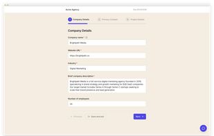 The client-facing form view. Shows what the client sees: a branded header (Acme Agency), multi-step progress bar, and a clean intake form with filled-in fields. This is the core product experience from the client's perspective.