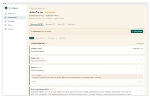 Per-field review and approval workflow. Shows a team member reviewing submitted responses with approve/reject controls, inline comments with threaded replies, "Round 2" resubmission badges, and the "Start review" button. This is a key differentiator — no competitor does per-field approval this well.
