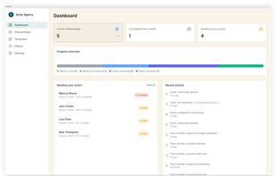 Main dashboard showing active onboardings count, progress overview bar (ready to send / waiting / responding / onboarded), items awaiting action with overdue/stale flags, and recent activity feed. This is the first thing a new visitor should see — it answers "what does this product actually look like?"