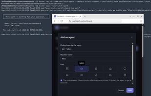 Enrolling an agent: run it with Docker, then type the code it prints in the dashboard.