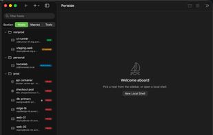One foldered library for SSH and mosh hosts, containers, Kubernetes pods, serial consoles, and telnet endpoints — with transport and environment badges.