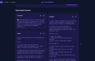 Instantly multiplies into tweets, posts, threads, etc.