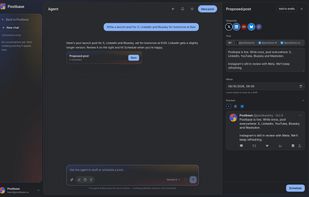 Postbase Agent: the built-in agent drafting a post for you to review and schedule.