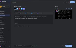 Composer: one post with a version per channel and a live preview.