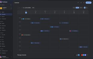 Calendar: the week calendar with posts across X, LinkedIn, Bluesky, Mastodon and YouTube.