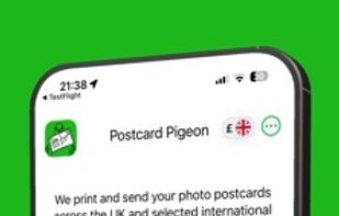 iPhone postcard creation screen with fixed £3 pricing”