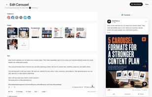 Carousels designed slide by slide, with a live preview per network.