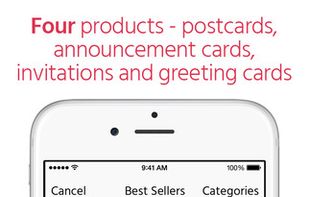Four different products: Greeting Cards, Postcards, Announcement Cards & Invitations