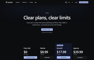 Flat monthly plans from $8.99 with a 7-day free trial, no credit card.