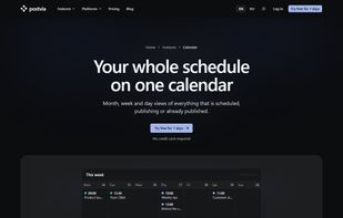 Calendar with month, week and day views of scheduled and published posts.