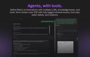 Define ReAct orchestrations with multiple LLMs, knowledge bases, and tools. Runs stream over SSE with fully logged retrieval events, tool calls, token deltas, and citations. Sessions track multi-turn state. Use built-in tools like web search and code execute or add your own tools over HTTP or MCP.