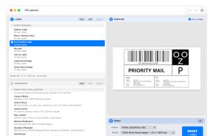 Choosing a label and a contact, with the print controls on the right. The addresses shown are invented.