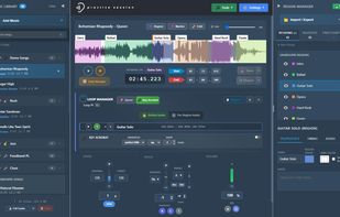 Practice Session main interface: Waveform view with practice regions, speed and pitch controls, and music library.