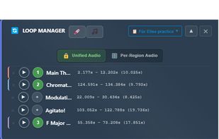 Custom practice sequences: Loop Manager combining multiple song sections into a single practice sequence, each with independent tempo and pitch settings.