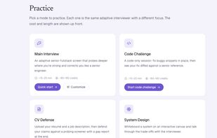 PracticeDepth offers 4 modes of interview. Select the type of AI interview that you want to practice.