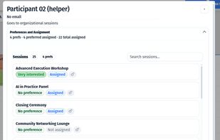 Participant view, alloing you to set assignments, assignment locks (for the solver), and preferences