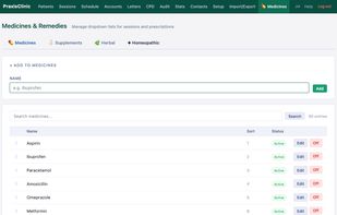 medicines supplements and homeopathic lists available in dropdowns - editable