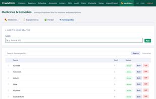 homeopathic lists available in dropdowns - editable