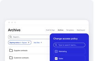 AI-assisted archive
Easily find all your contracts in the AI-assisted archive. Unlimited and secure storage for all of your contracts, with folder-level access control. Export easily with filters and metadata. Get automatic reminders for important contract milestones.