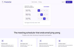 The participant view: each person ranks the proposed times 1–3, or ✕ if they can't make it. No account needed.