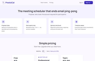 How PrestoCal works, plus plans: Free for 3 meetings, then Professional and Team.