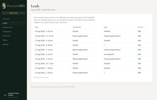 Leads as they arrive. PreviewMD records only that delivery succeeded. The patient's contact details go straight to the practice's CRM and are never stored here.