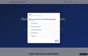The pricing calculator opens as a clean overlay — visitors answer tailored questions without leaving the page.