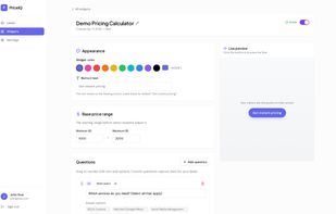 Customize your pricing calculator with drag-and-drop questions, brand colors, and a live preview.