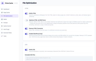 File Optimization: HTML, CSS and JavaScript minification and related settings.