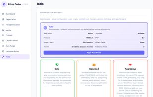 Tools: one-click optimization presets (Auto applies a working configuration, Safe returns to a conservative one), plus settings import/export and system information.