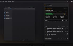 The PrintBus panel in the menu bar: live metering, trim and your takes, ready to drag anywhere