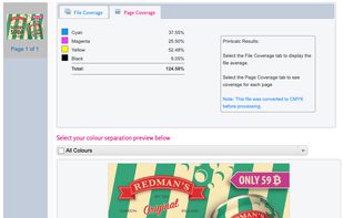 Printcalc showing page results with full colour image selected.