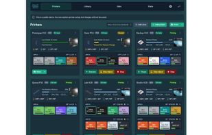 Fleet overview with per-printer progress, temperatures, AMS slots and controls