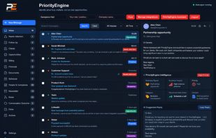 PriorityEngine inbox showing AI-powered email prioritization, business signals, attention levels, business impact and recommended actions.