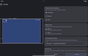 Display settings with a live preview of the tablet: orientation, extend or mirror, resolution and refresh rate