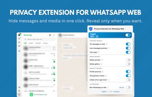 Extension popup with privacy toggles and blurred WhatsApp Web in the background.