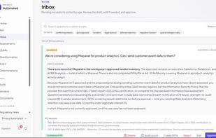Q&A inbox card with AI reasoning - Employees ask privacy questions in-app, by email, or in Slack. The assistant grounds each answer in your own documents and vendor inventory, shows its reasoning, and escalates to a human when confidence drops or the question is legally sensitive. 39% auto-answer rate on this workspace, all replayable.