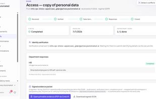 DSAR task trail -
Every DSAR moves through the same auditable lifecycle — received, verified, in progress, fulfilled, closed. Each step is timestamped, attributed to a user, and Merkle-anchored, so an auditor can replay exactly what happened and when.