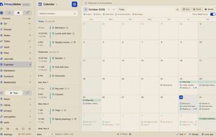 Events, journal entries, task lists and birthdays on one calendar. A trip runs as one bar across its days.