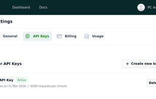 User settings screen to set up API keys