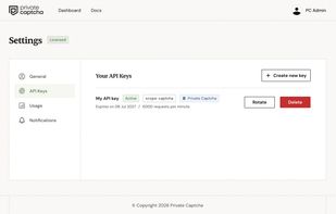 User settings screen to set up API keys