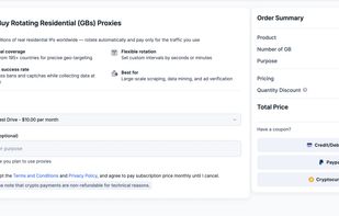 Engineers configure and buy rotating residential proxies in minutes — selecting a GB package, noting use case, and checking out via card, PayPal, or crypto. A 50% first-month discount drops the 10 GB test drive to $10, with no sales call or contract required.