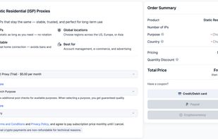 Engineers configure dedicated static residential IPs by purpose and country, with purpose-matched pool checks guaranteeing quality for e-commerce, account management, or ad ops. A free 2-day trial kicks in before the $5/month subscription, and checkout accepts card, PayPal, or crypto.