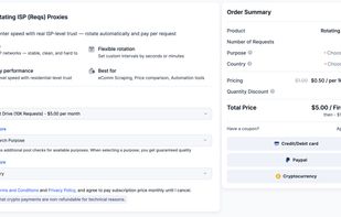 Engineers configure rotating ISP proxies — real ISP-hosted IPs with datacenter-level speed — selecting package, purpose, and country to get purpose-verified pool quality. A 50% quantity discount brings the test-drive entry point to $5 for 10K requests, with card, PayPal, or crypto checkout available instantly.